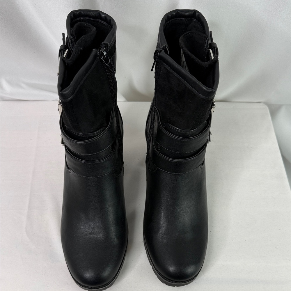 XOXO Black Mid-Calf Buckle Strap Heeled Boots